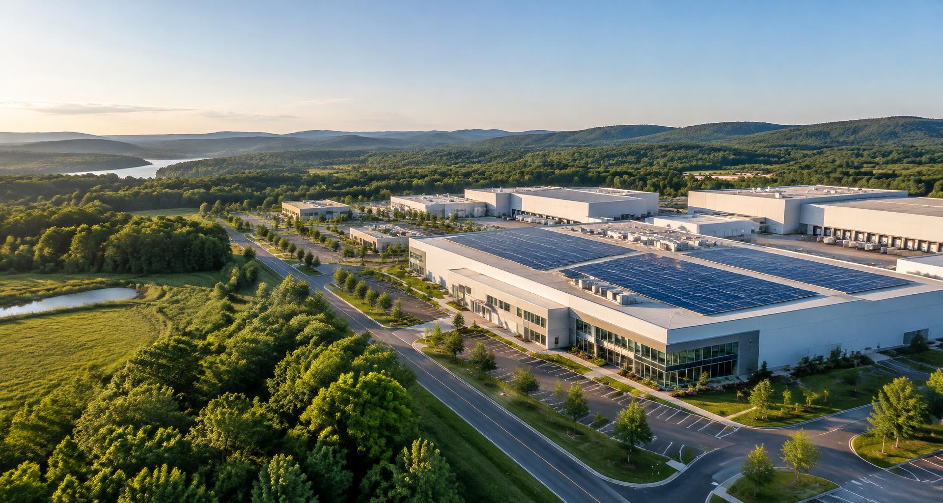 Illustrative commercial campus with rooftop solar panels